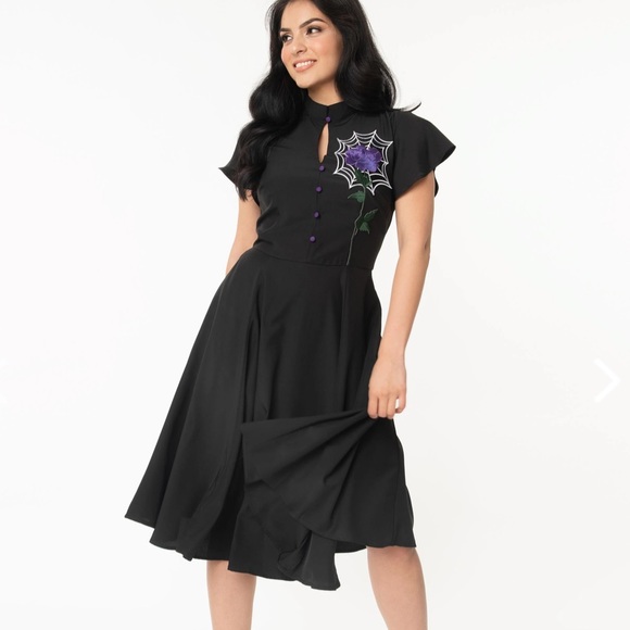 Unique Vintage Dresses & Skirts - Unique Vintage Black Spiderweb & Purple Rose Baltimore Swing Dress XL / 14